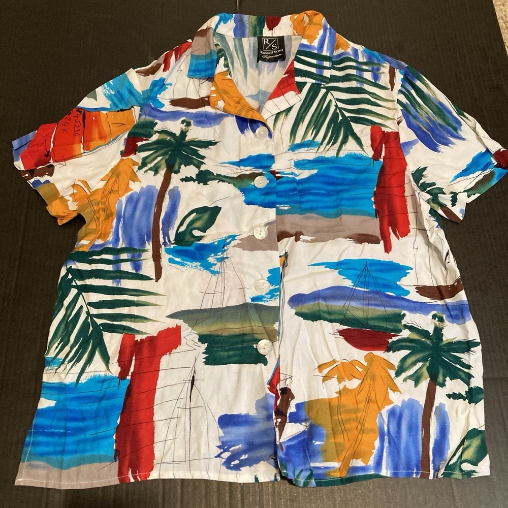 Russell Scott Signature Colorful Button Up Short Sleeve Shirt, Sailboats, Beach